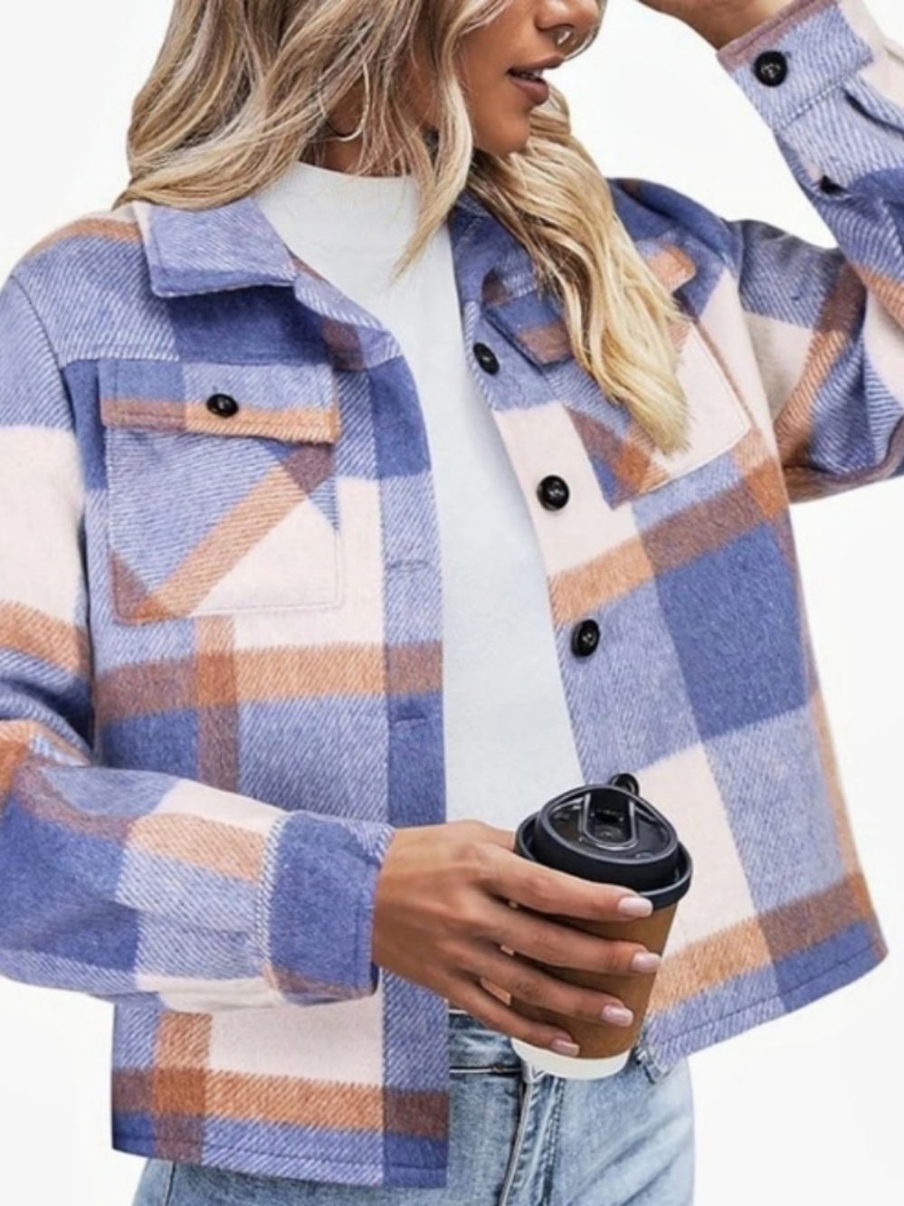 Women's Thick Plaid Shacket in Blue & Pink Like New